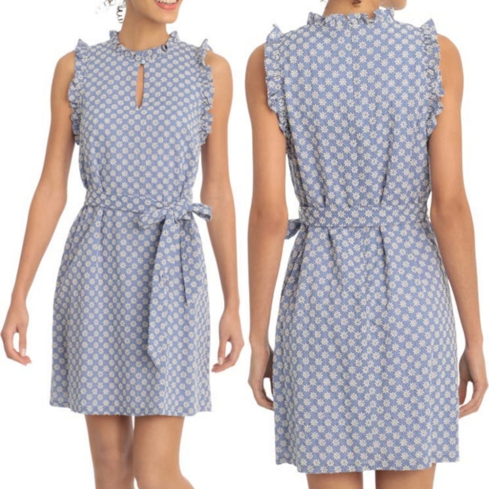London Times Daisy Eyelet Belted Shift Dress 14 new NWT blue white ruffle